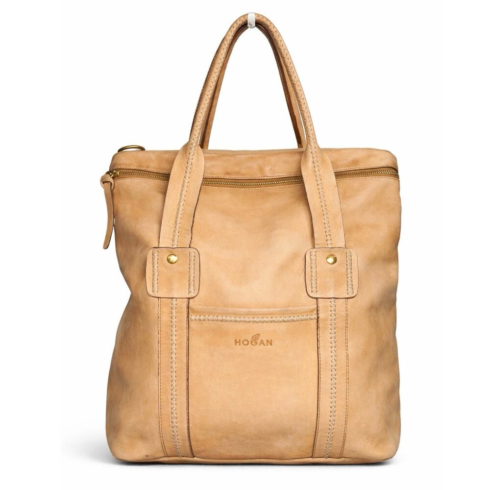 Hogan Tan Leather Tote Braided Handles Front‎ Pocket Italian Luxury Shoulder Bag